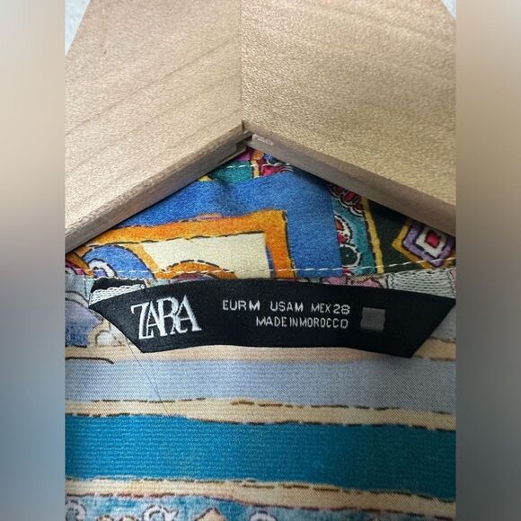 ZARA Patchwork scarf Print Satin Effect Shirt buttondown blouse boho 70’s Sz M - Picture 10 of 11